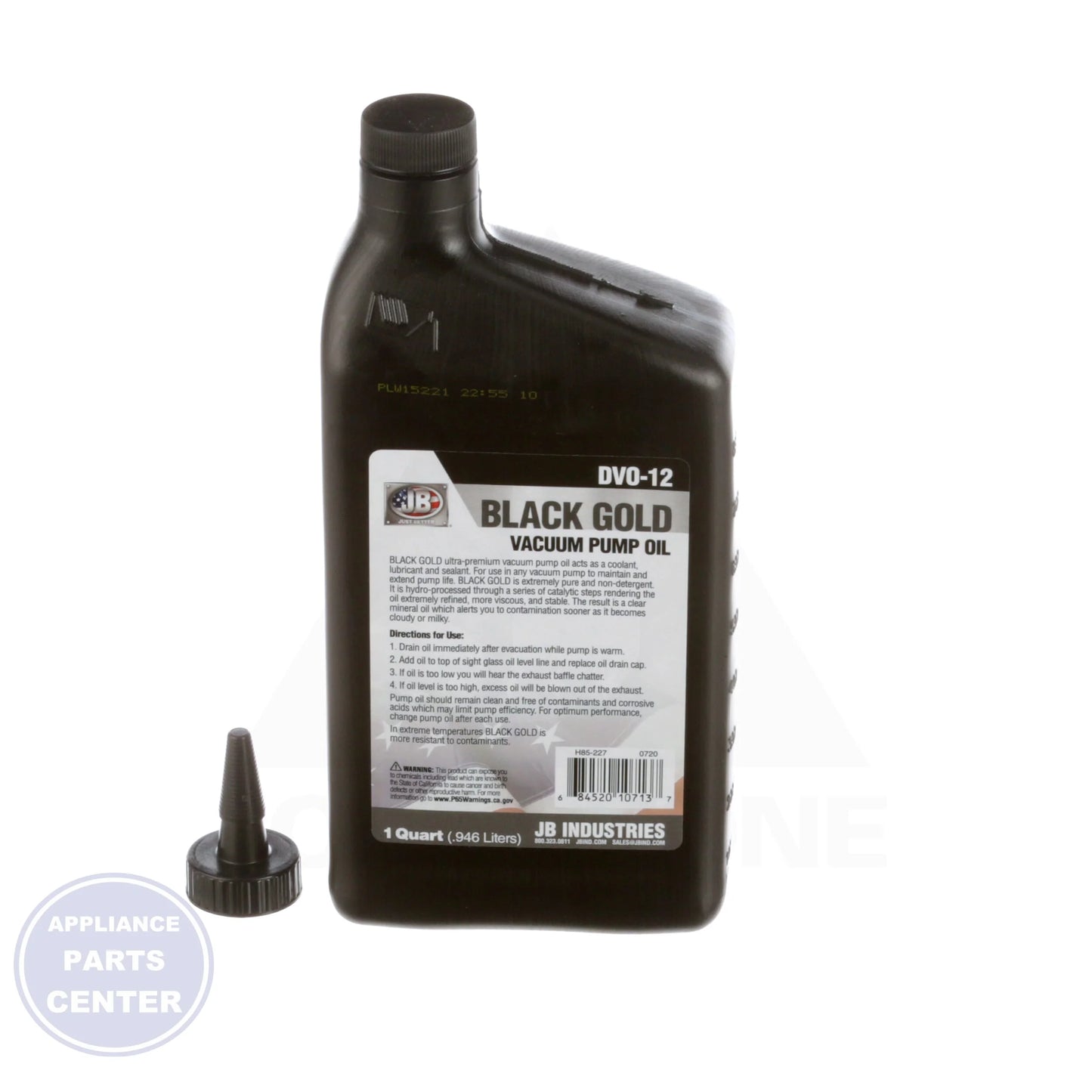 Black Gold Vacuum Pump Oil DVO-12-BX - Side view with quart specification