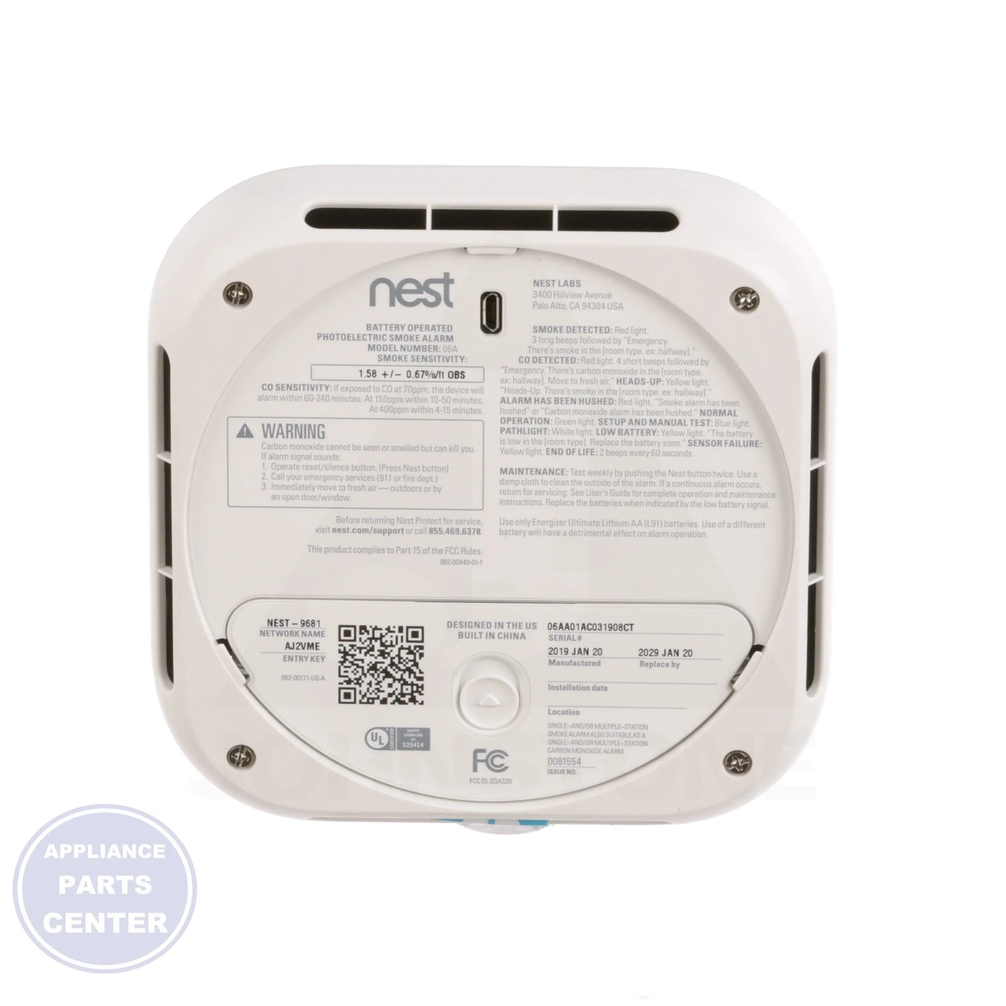 Nest Protect S3004PWBUS - Side view with 10-year CO sensor lifetime