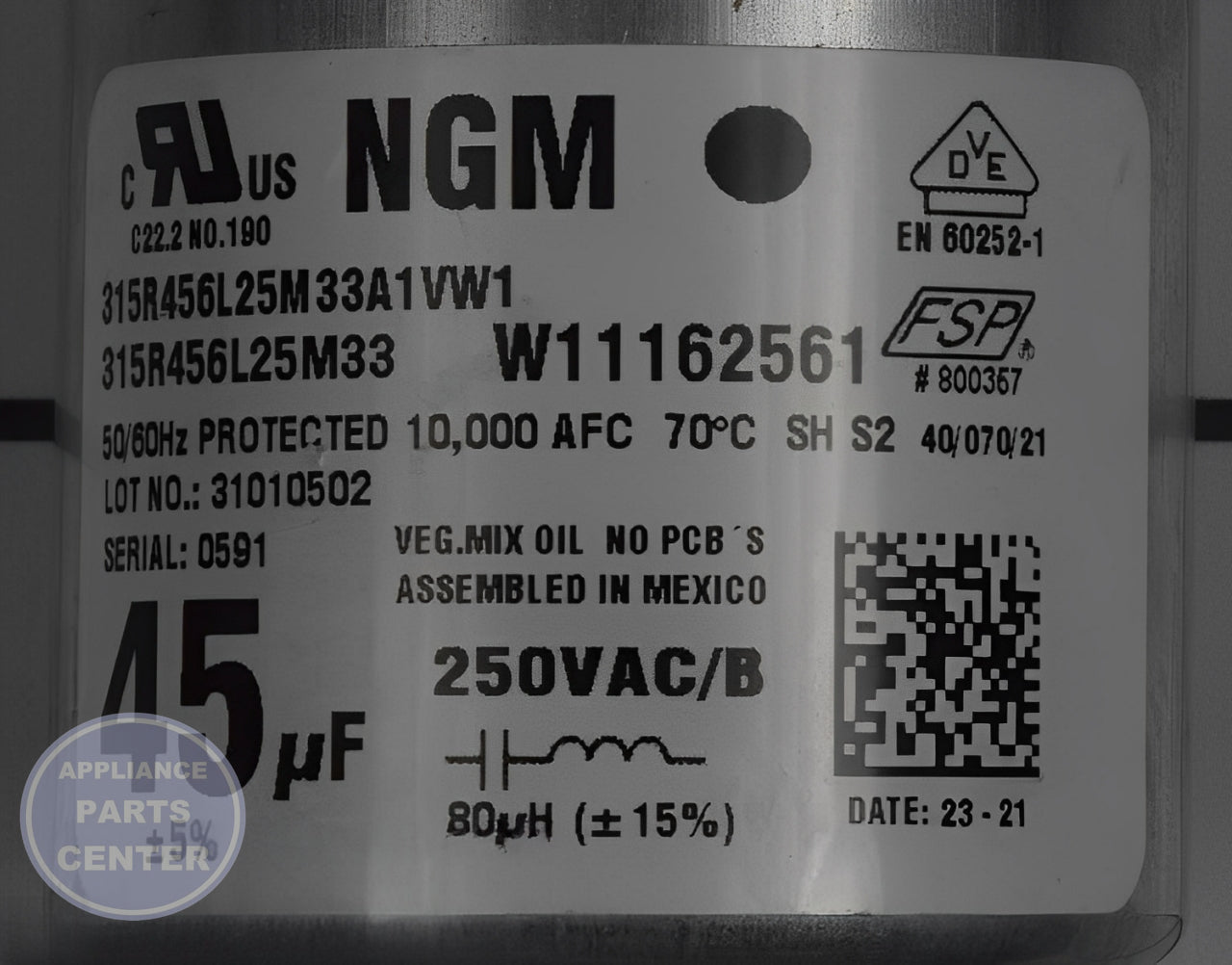 WHIRLPOOL APPLIANCE CAPACITOR ASSEMBLY W11428524 - Detailed view of capacitor specifications