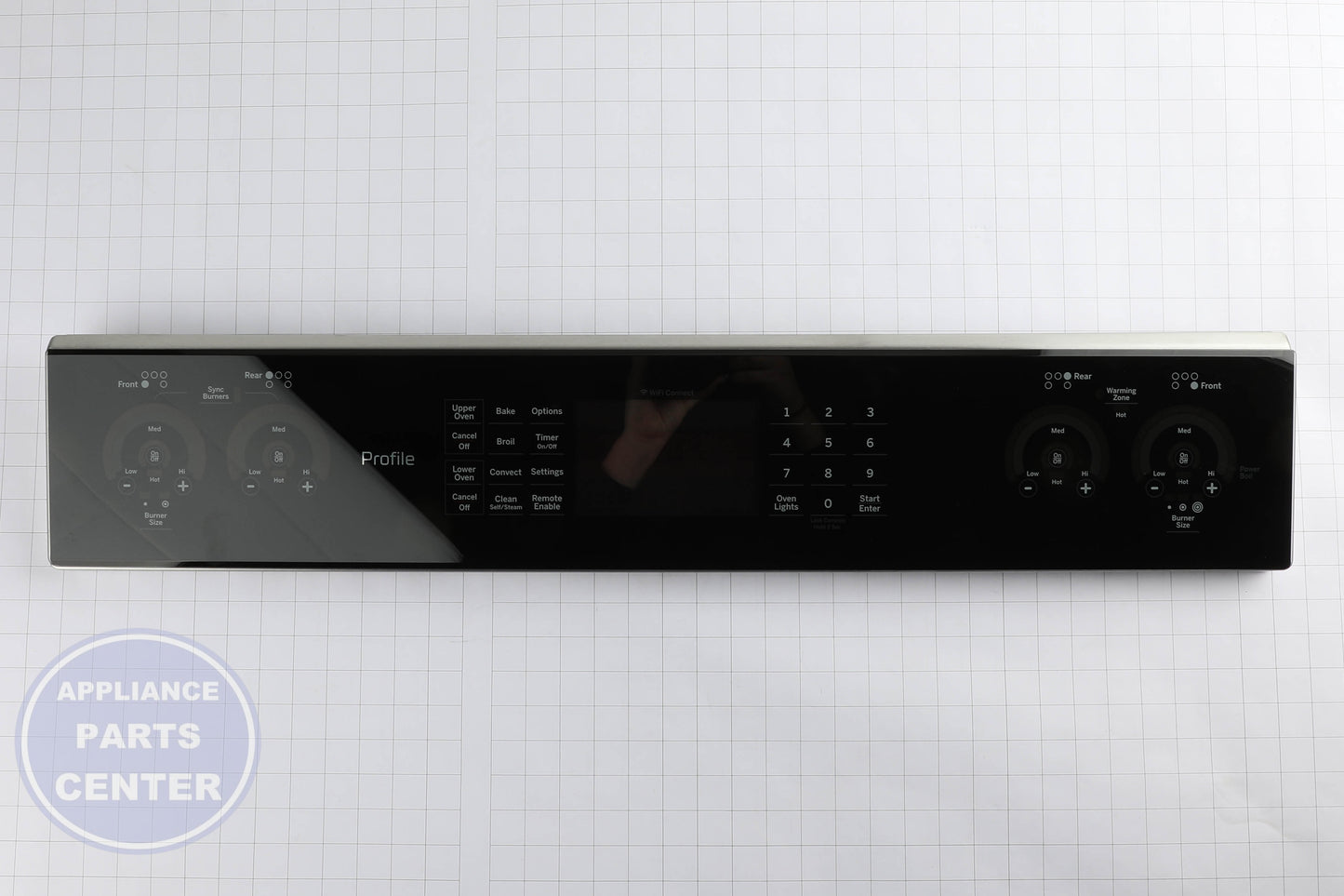 GEH STAINLESS CONTROL PANEL OVERLAY W/ WIFI BOARD WB27X40488 - Installation in GEH model showcasing key mounting points