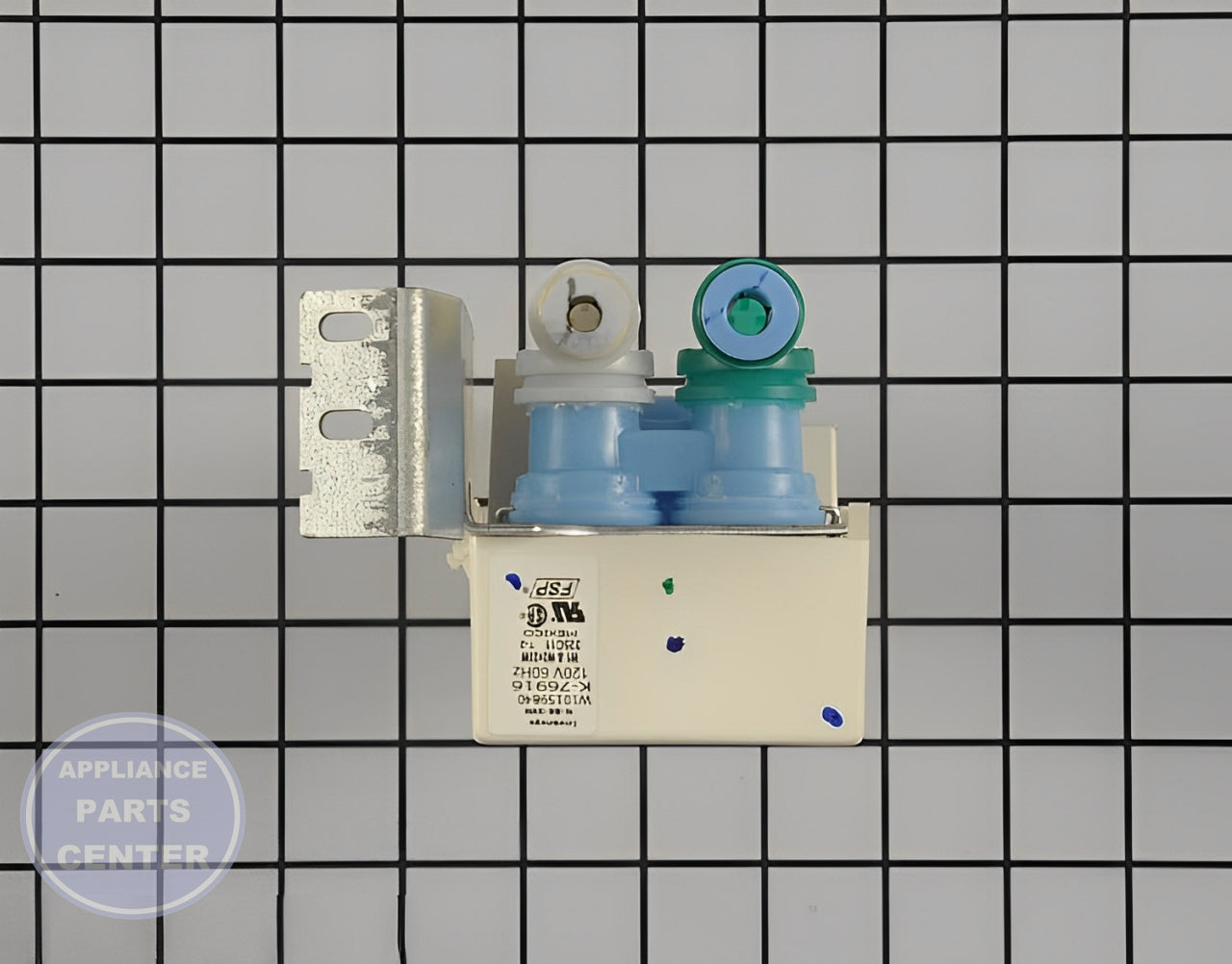 WHIRLPOOL REFRIGERATOR VALVE WPW10159840 - Side view with precise measurements