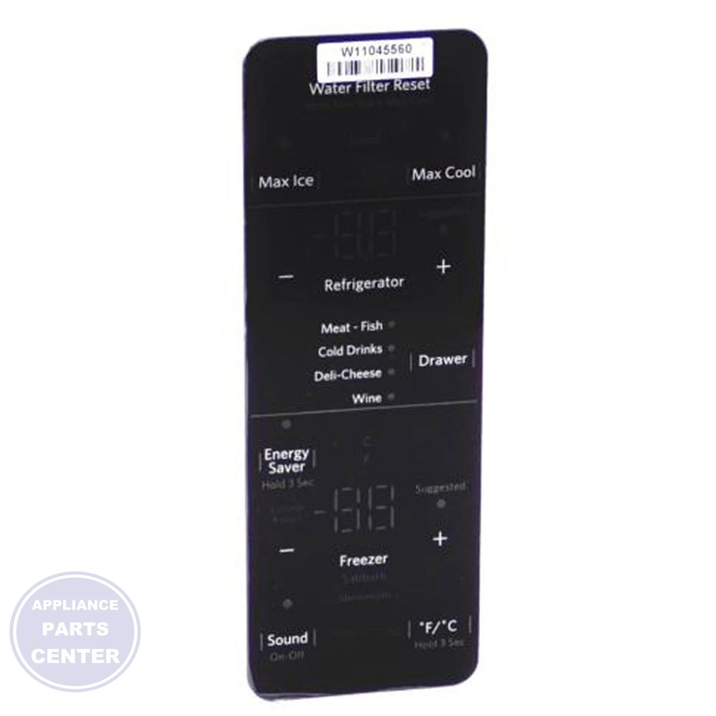 Whirlpool Refrigerator Electronic Control Board W11099340 - Main view showing temperature control panel for various Whirlpool models