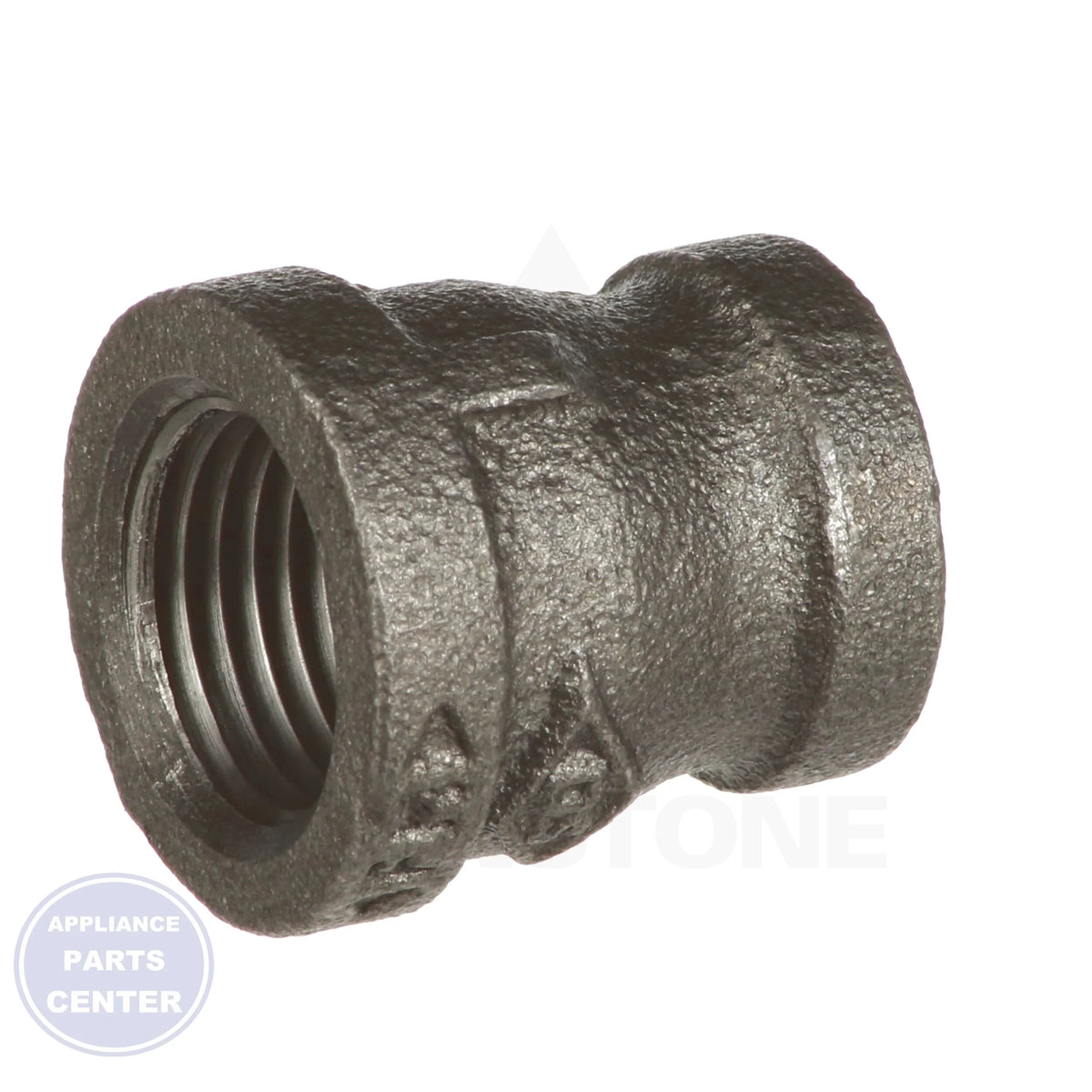 1/2" X 3/8" Black Iron Reducing Coupling 0810085407 - Side view with precise measurements for accurate fitting