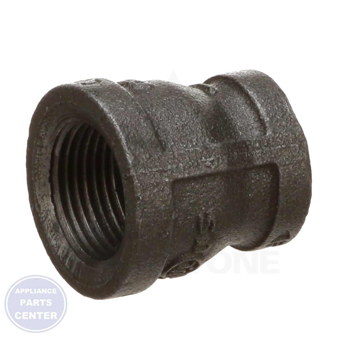 Black Iron Reducing Coupling 0810086009 - Side view with 3/4" x 1/2" size specifications