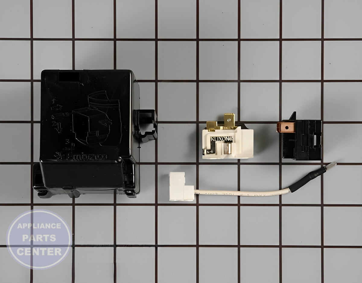 Amana Relay and Overload Kit 12002784 - Main view showing compressor support for Amana, Maytag, Admiral, Jenn Air, Crosley models