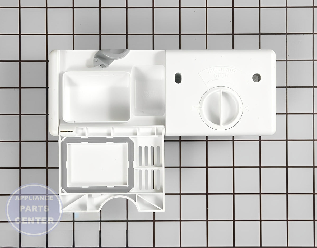 FRIGIDAIRE DISHWASHER DISPENSER 154574401 - Side view with precise measurements