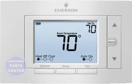 Emerson 5" Display Non-Programmable Thermostat 1F85U-22NP - Main view showing backlit display for various models