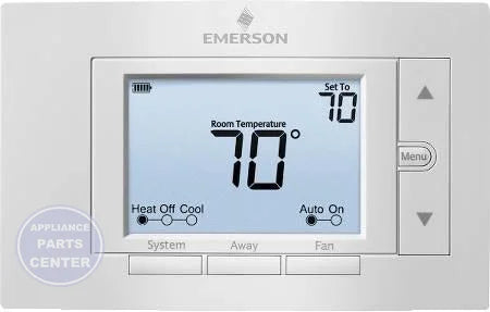 Emerson 5" Display Universal Thermostat 1F85U-22PR - Main view showing programmable settings for compatible models