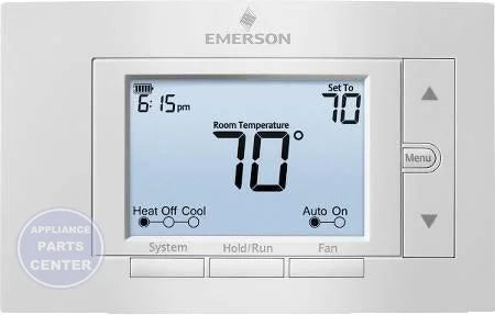 Emerson 5" Display Universal Thermostat 1F85U-42PR - Main view showing backlit display for specific models