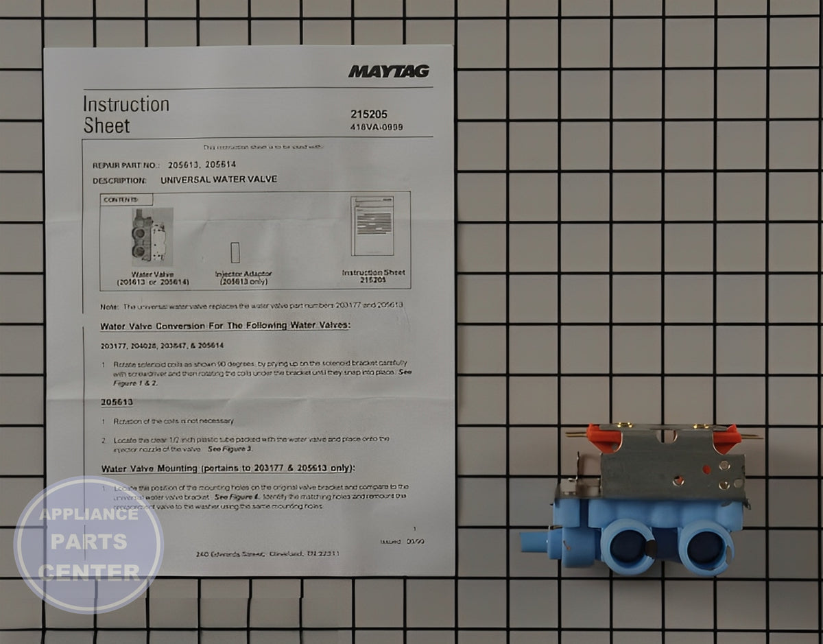 WHIRLPOOL WASHER WATER INLET VALVE 205613 - Side view with Valve & Float specifications