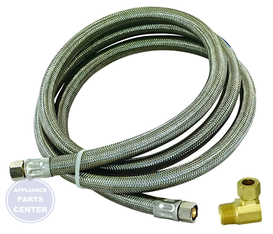 72" STAINLESS STEEL DISHWASHER LINE 3/8" COMP WITH ELBOW - Detailed view of compression fitting and elbow