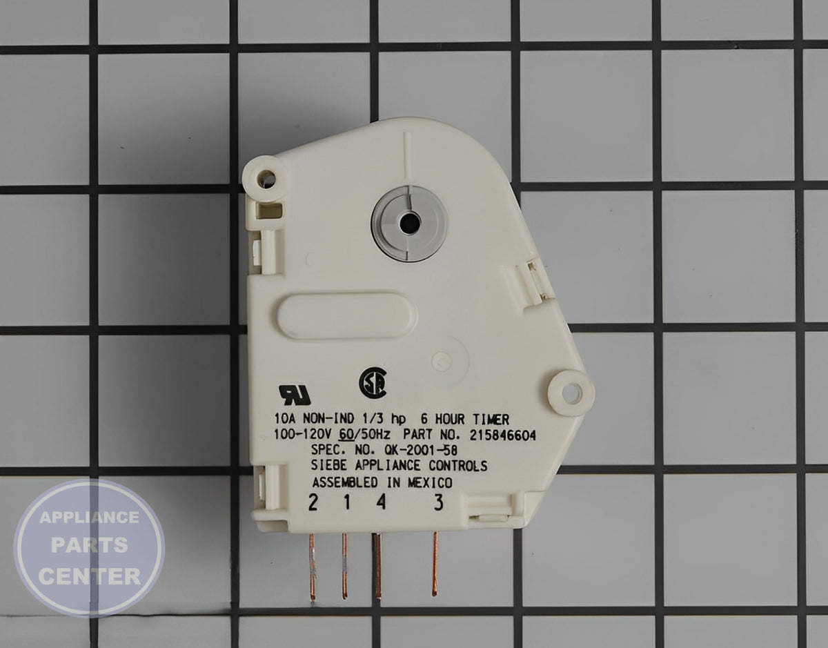 FRIGIDAIRE REFRIGERATOR DEFROST TIMER 215846604 - Main view showing precise defrost cycles for various WCI models
