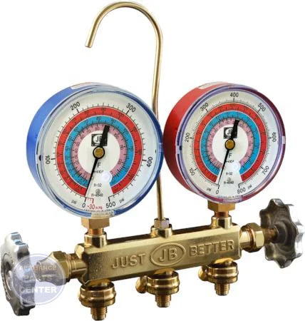 Patriot R32/R454B/R410A Manifold 22625 - Main view showing illuminated gauges for multiple brands