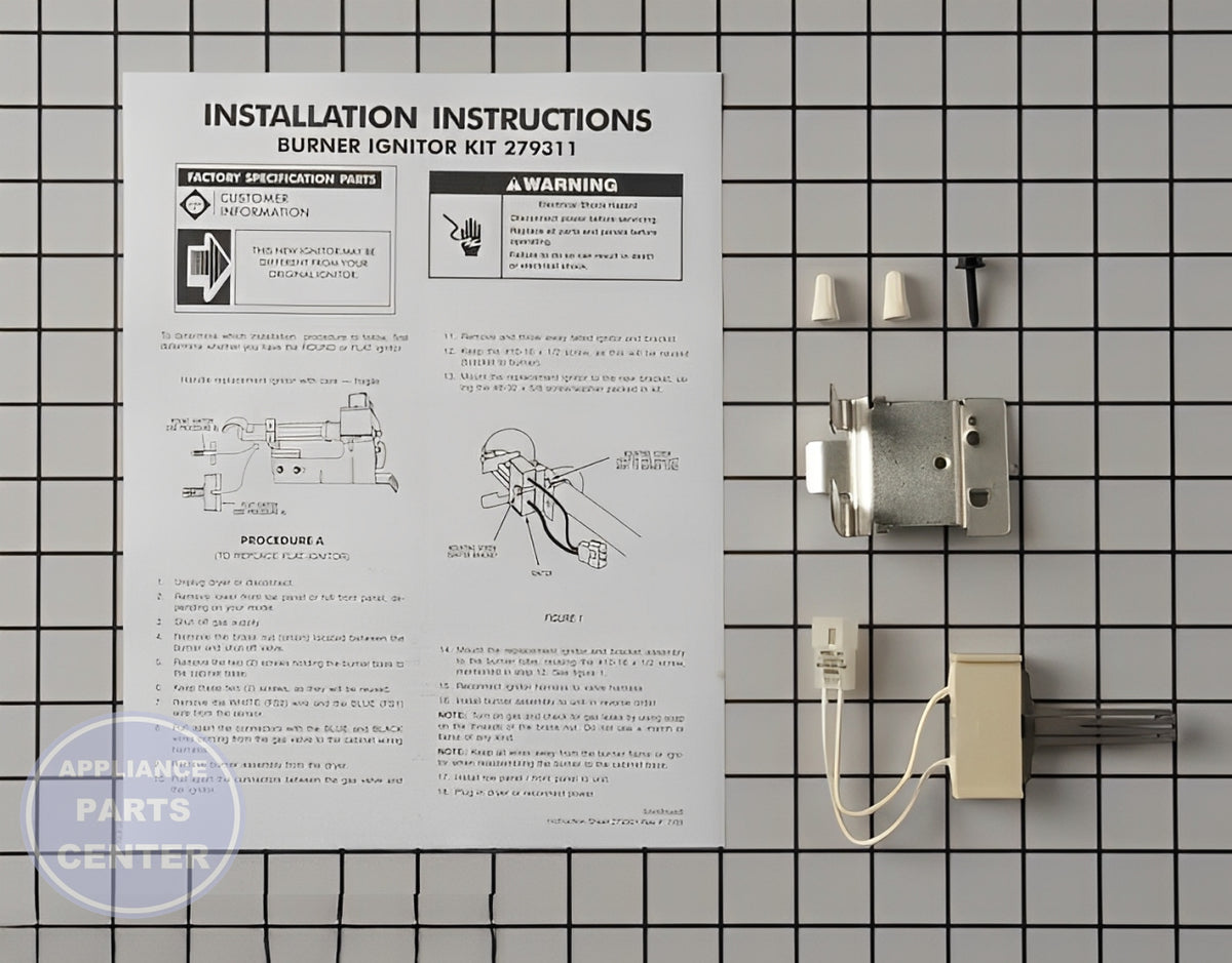 WHIRLPOOL DRYER FLAT IGNITER WITH BRACKET 279311 - Main view showing quick ignition for various models