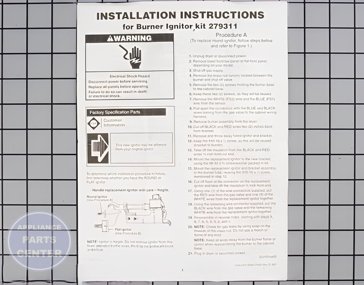WHIRLPOOL DRYER FLAT IGNITER WITH BRACKET 279311 - Detailed view of durable technical details