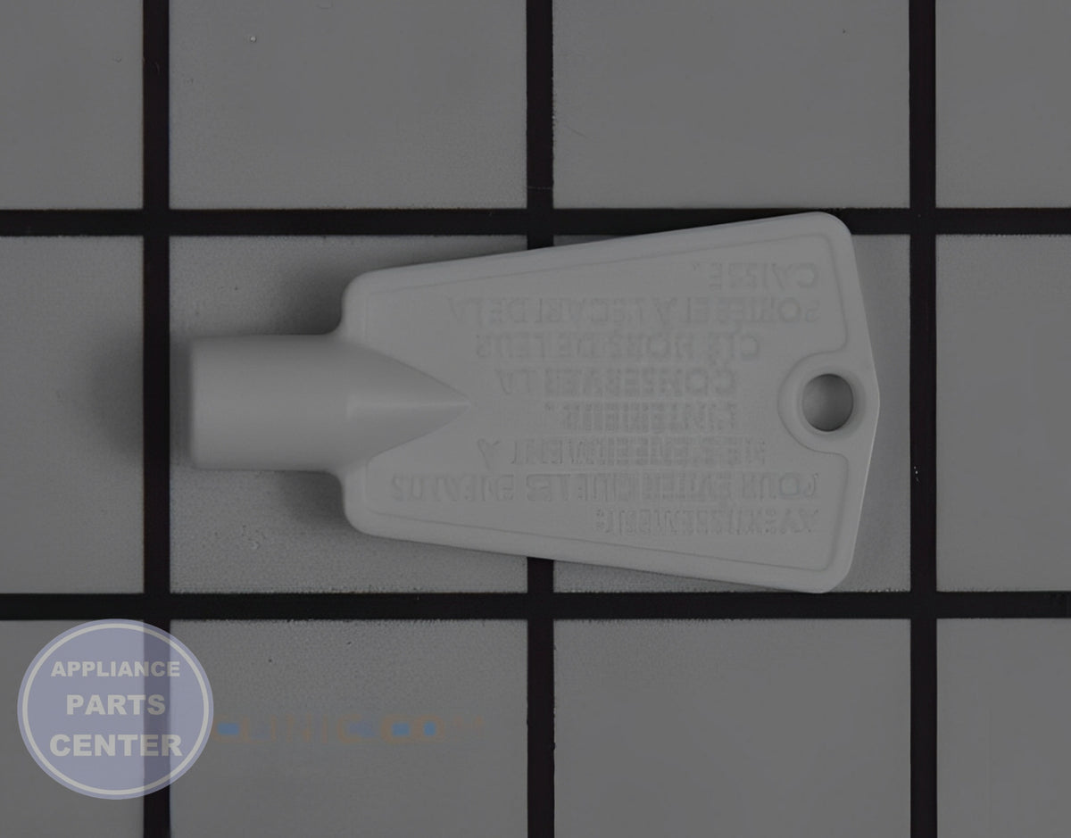 FRIGIDAIRE FREEZER PLASTIC DOOR KEY 297147700 - Detailed view of key latch for secure closure