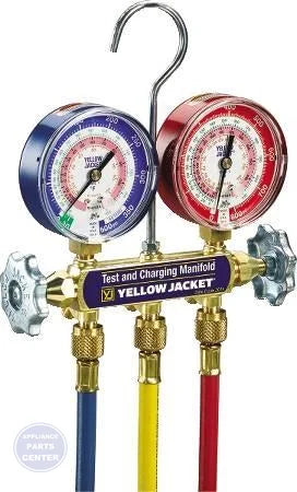 Brass R22/R404A/R410A Manifold 42004 - Main view showing 3-1/8" gauges for H26-733 models