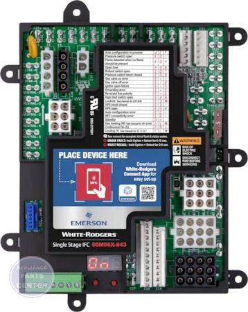 White-Rodgers Universal Integrated Furnace Control 50M56X-843 - Main view showing White-Rodgers Connect App for PSC & ECMx Blower Motors