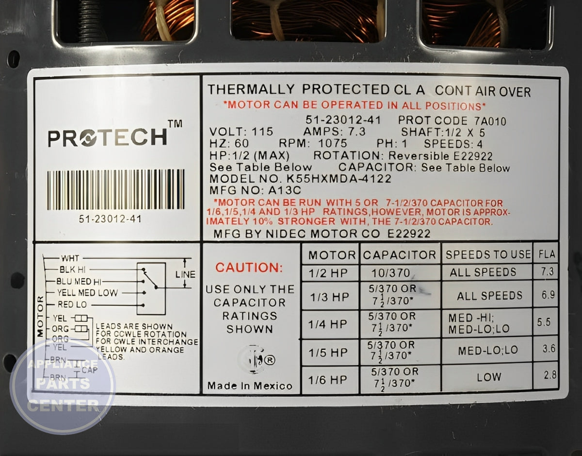 Blower Motor 51-23012-41 - Detailed view of motor technical details
