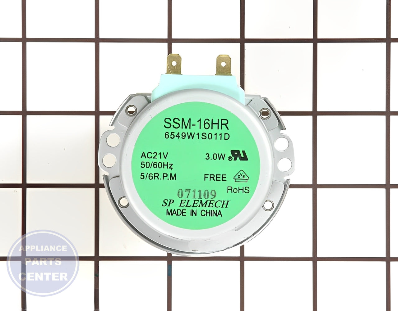 GE Turntable Motor 6549W1S011E - Main view showing rotation feature for GE, Whirlpool, Kenmore models