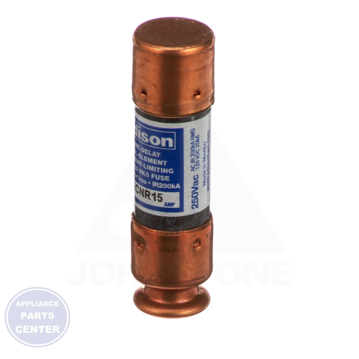 Dual Element Fuse 15 AMP 7-CRNR15 - Detailed view of Class RK5 fuse with 200,000 Amps interrupting rating