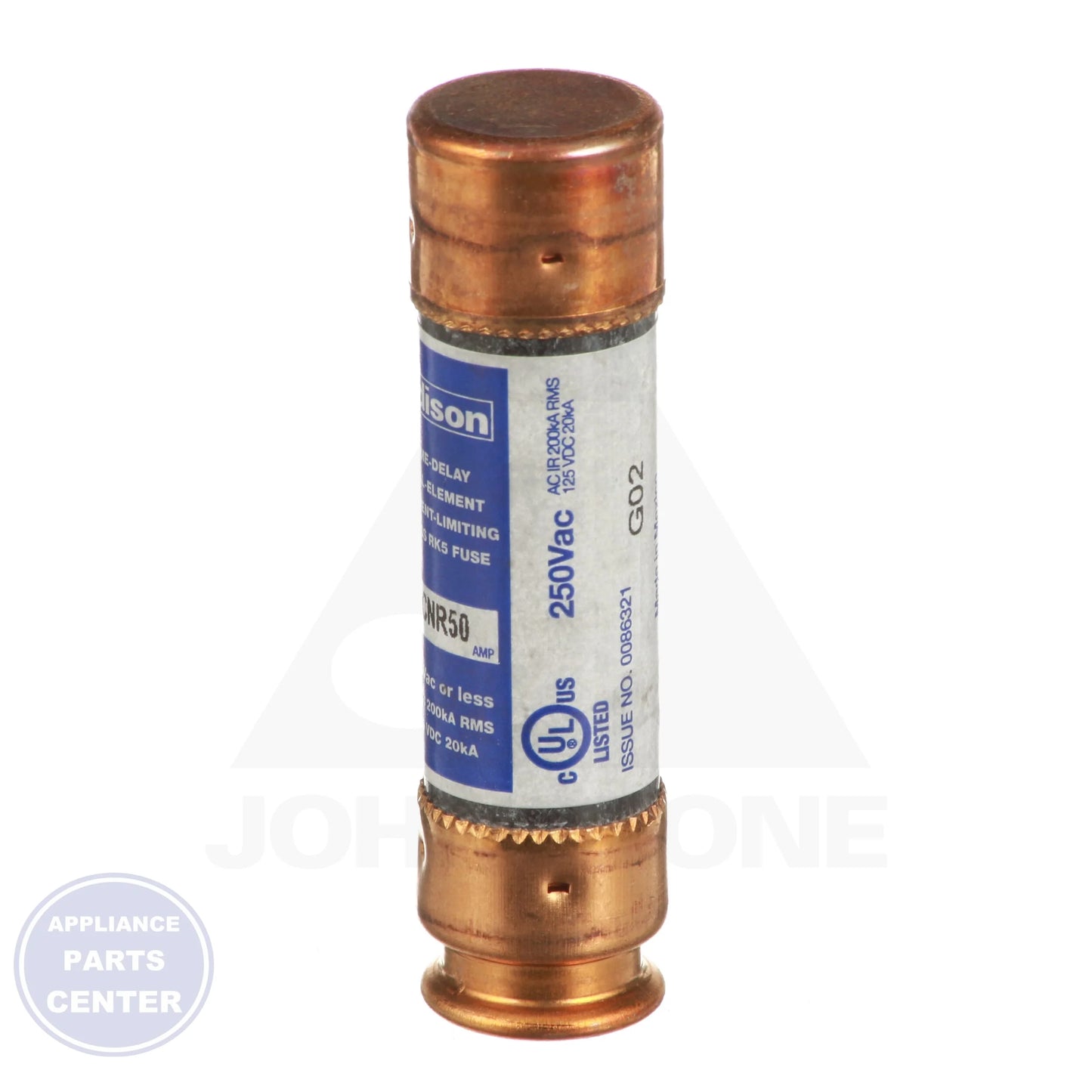 Dual Element Fuse 50 AMP 7-CRNR50 - Detailed view of Class RK5 fuse and 250V capacity