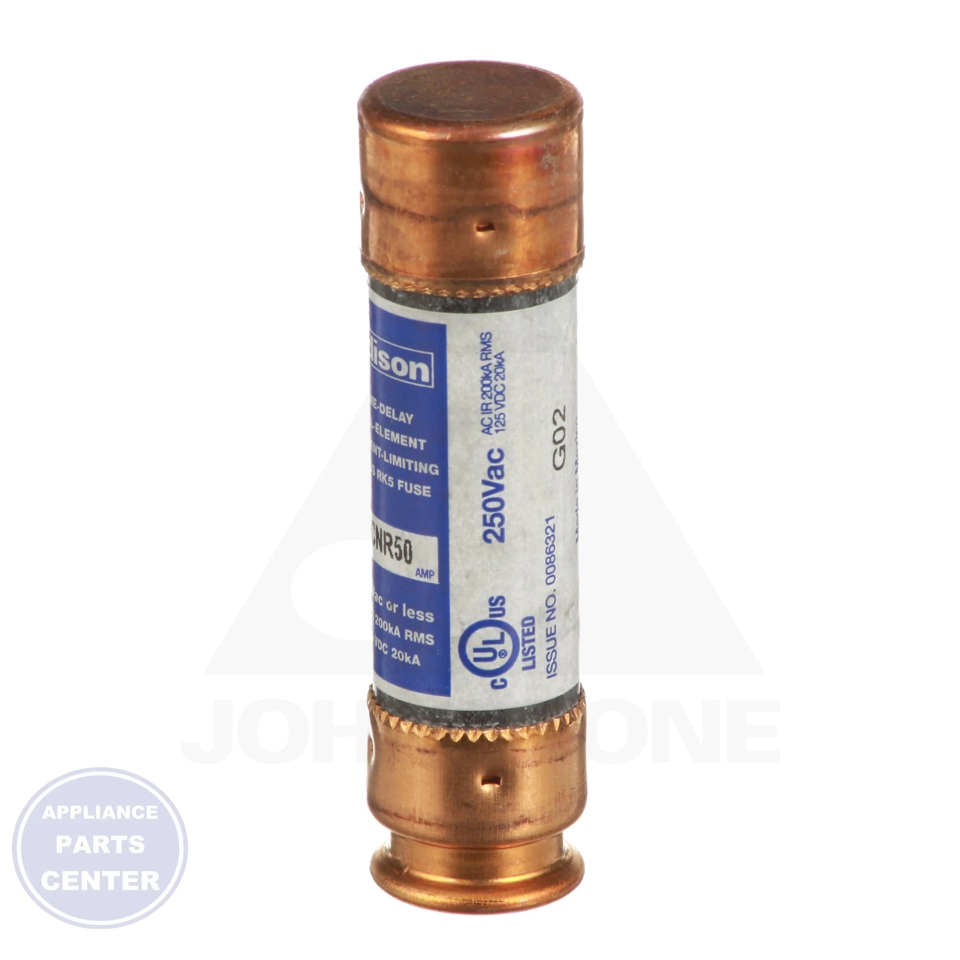 Dual Element Fuse 50 AMP 7-CRNR50 - Detailed view of Class RK5 fuse and 250V capacity