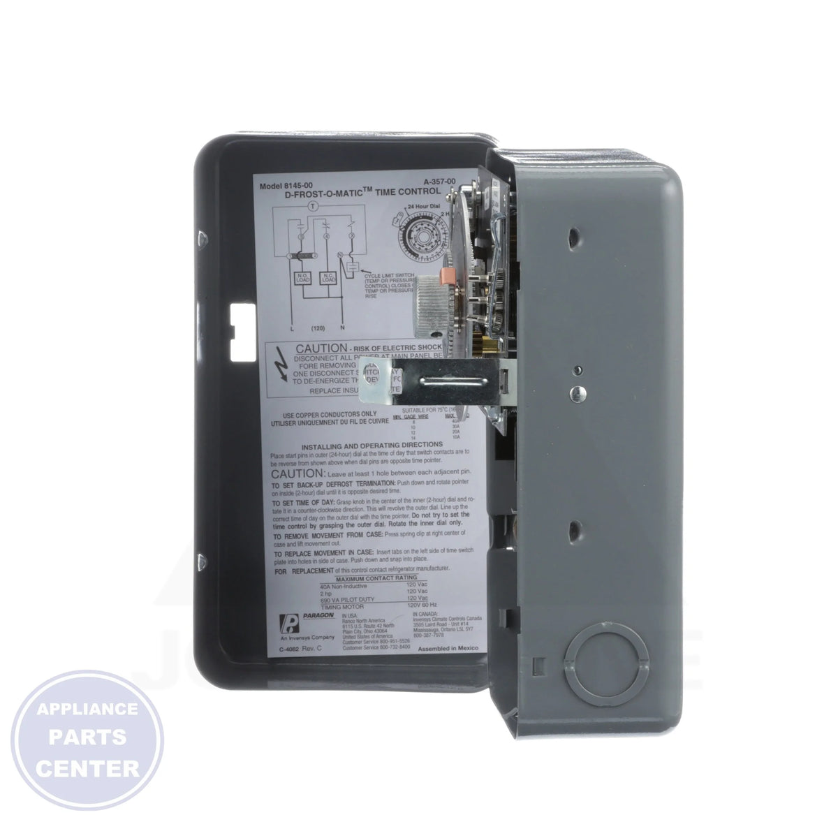 Commercial Defrost Timer 8145-00 - Detailed view of electric or hot gas defrost specifications