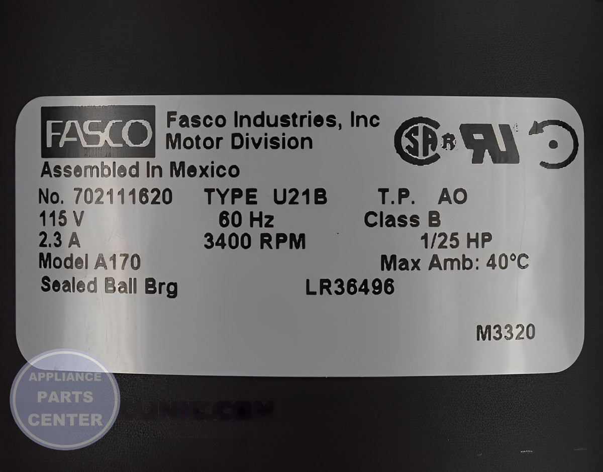 FASCO DRAFT INDUCER MOTOR A170 - Side view with precise engineering specs