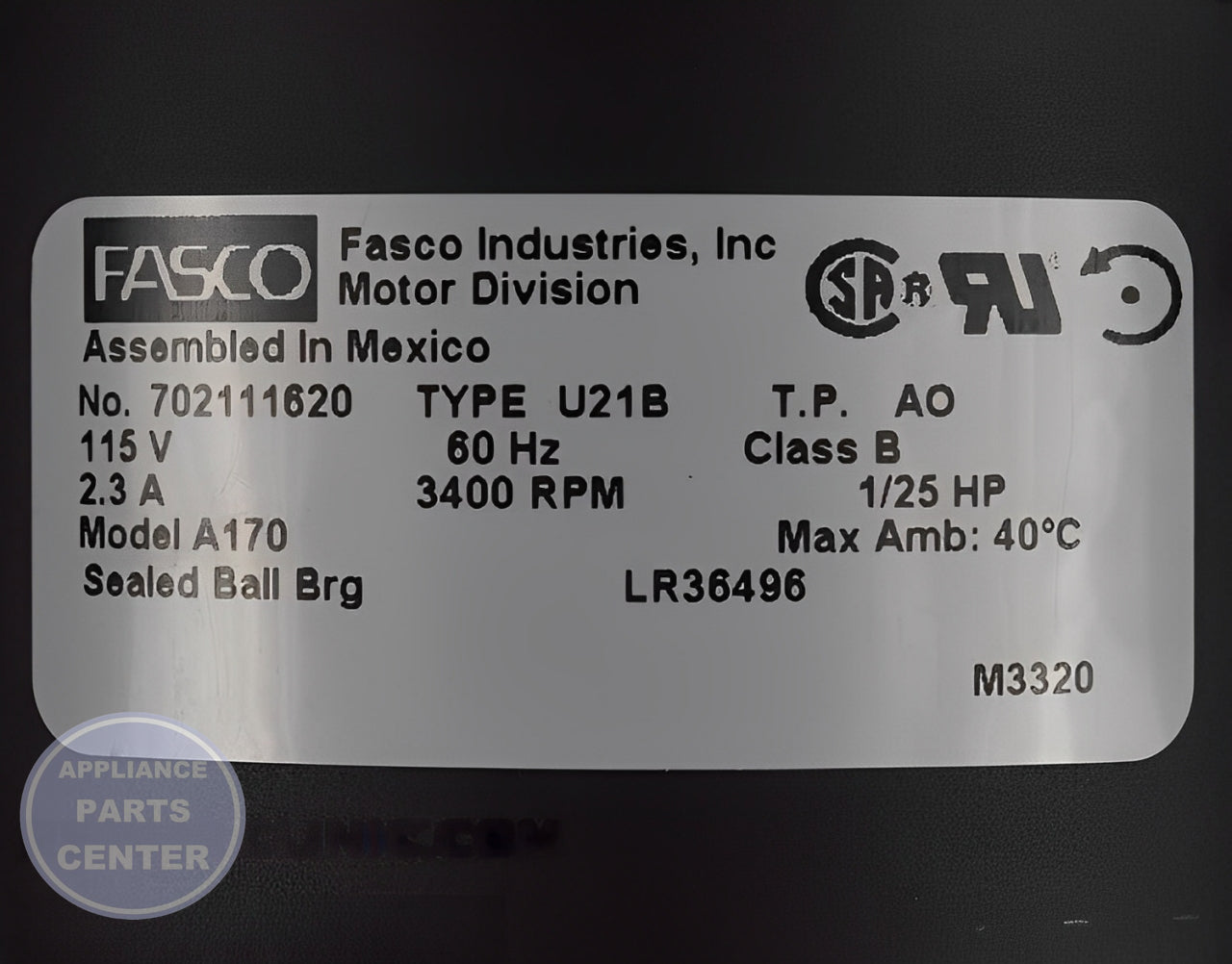 FASCO DRAFT INDUCER MOTOR A170 - Side view with precise engineering specs