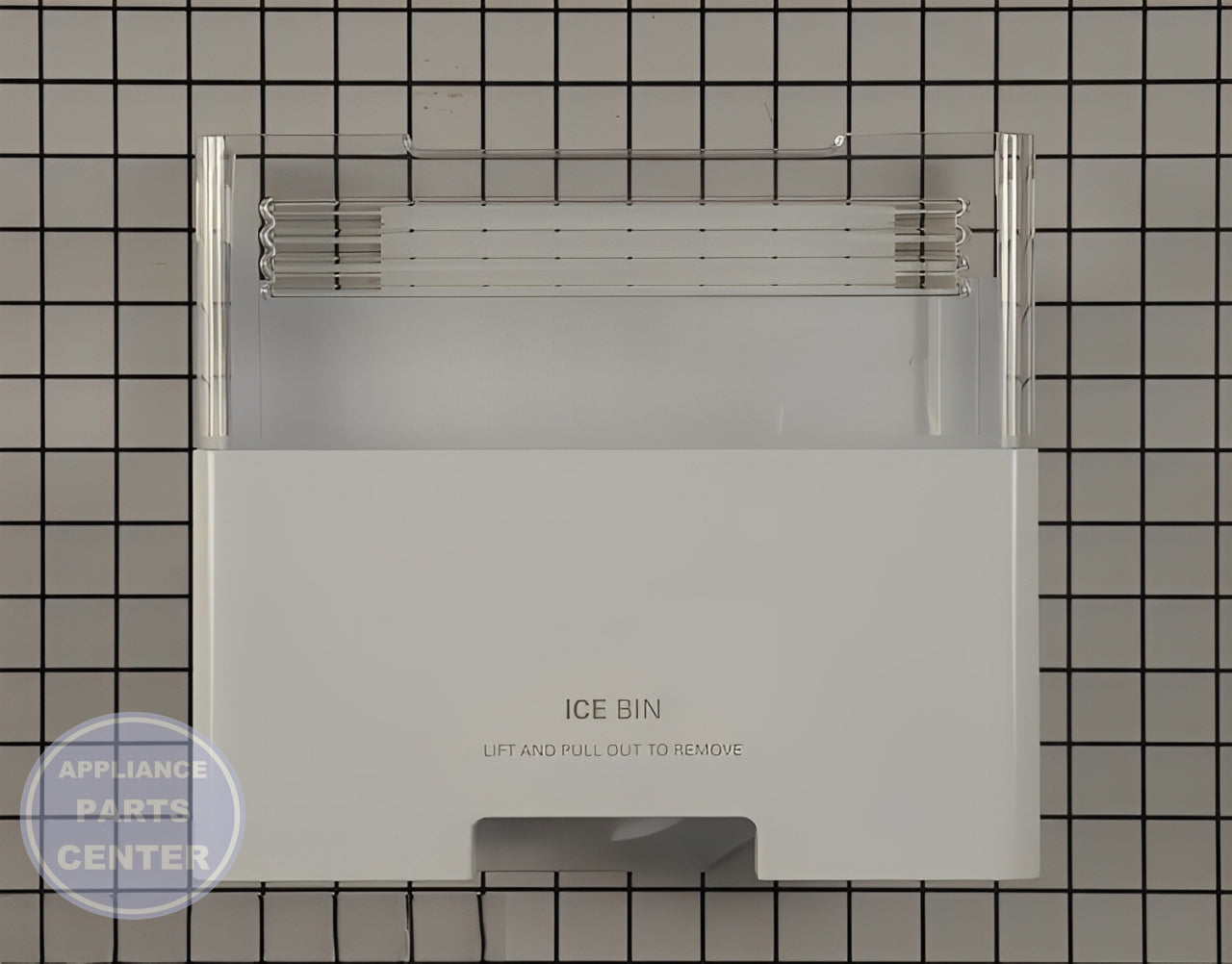 LG REFRIGERATOR FREEZER ICE BUCKET BIN ASSEMBLY AKC72949319 - Main view showing ice storage for LG models