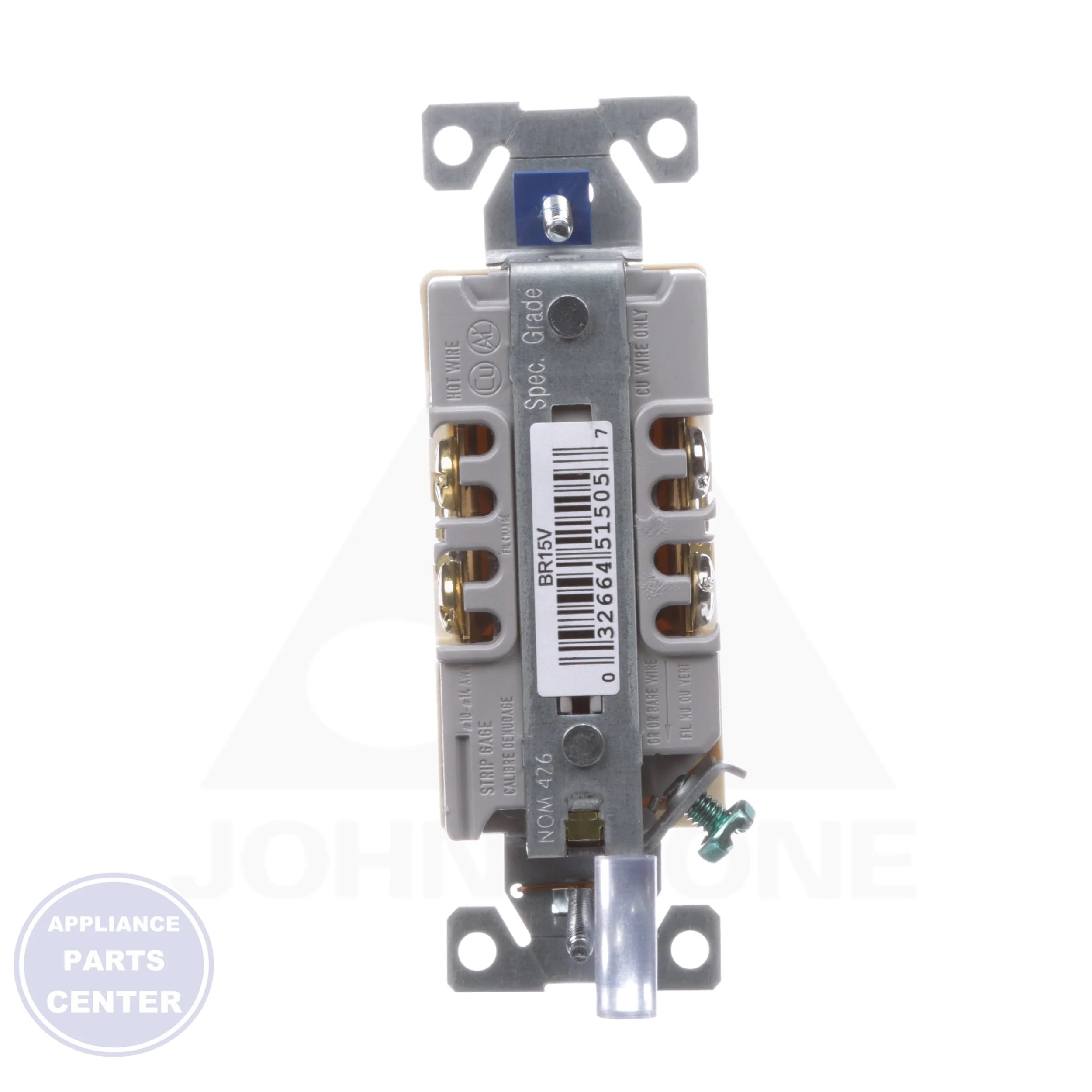 Commercial/Specification Grade Receptacle BR15V - Side view with 15 Amps and 125 Volts specs