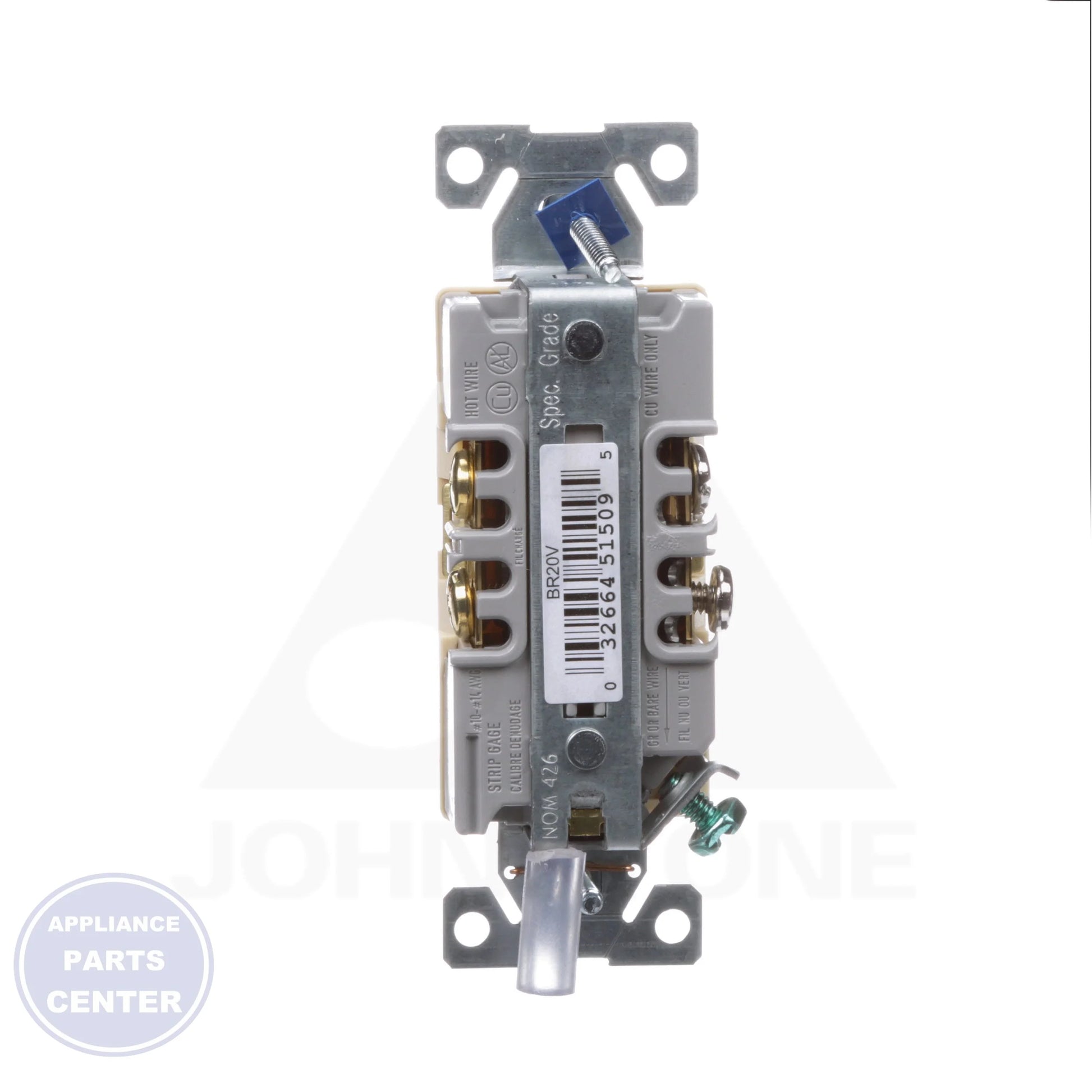 Commercial/Specification Grade Receptacle BR20V - Side view with Amps: 20 and Volts: 125 specs