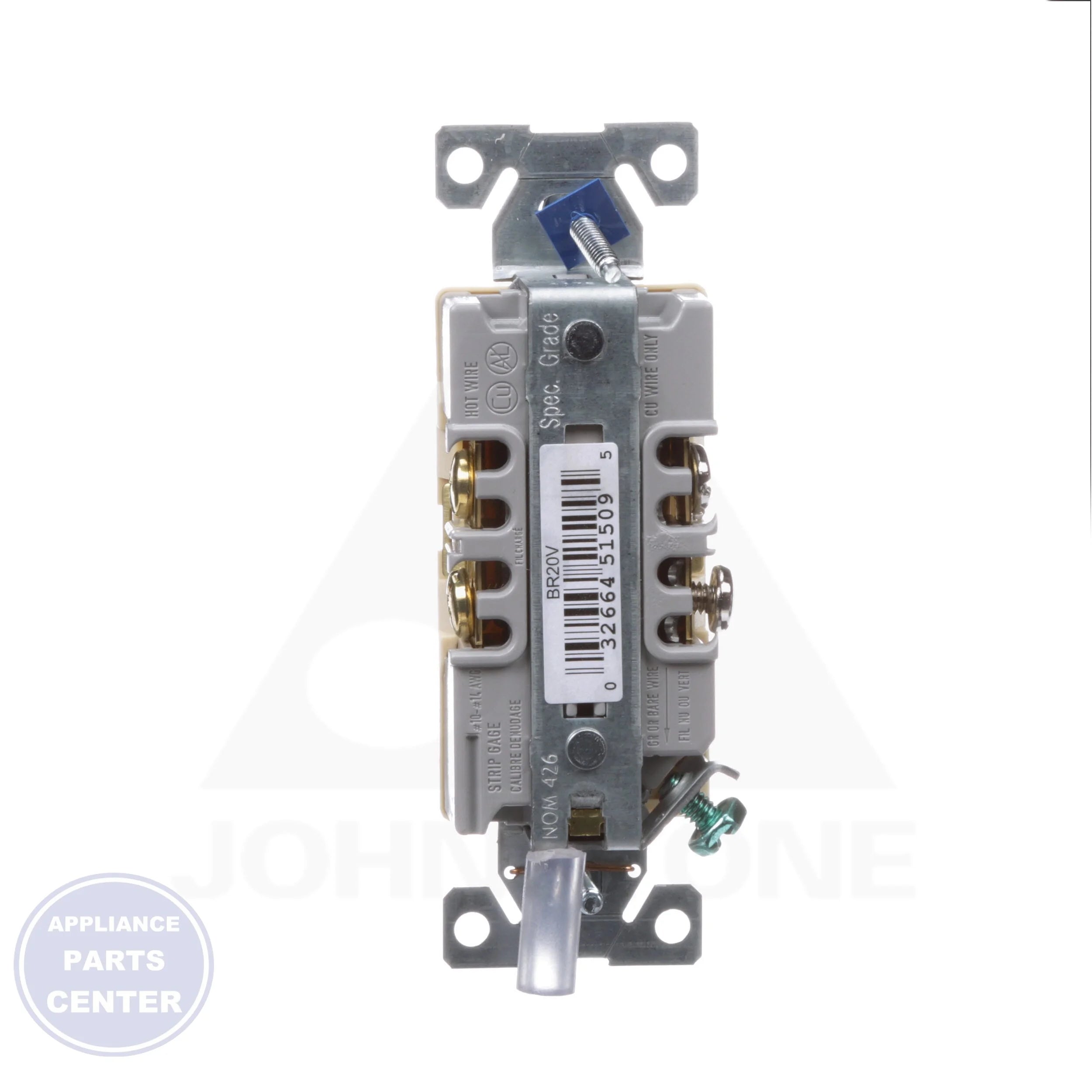 Commercial/Specification Grade Receptacle BR20V - Side view with Amps: 20 and Volts: 125 specs