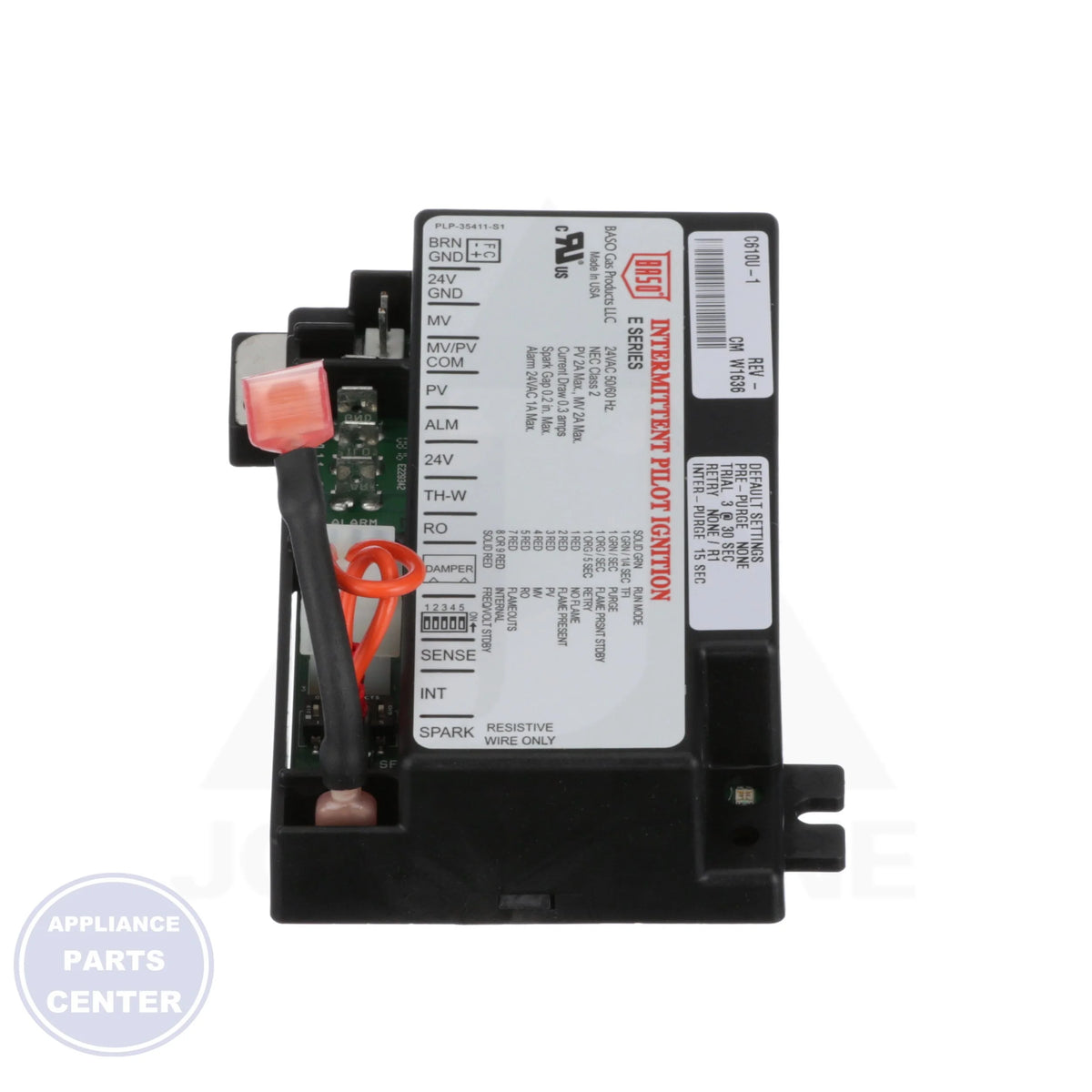 Universal Intermittent Pilot Ignition Control C610U-1CJ - Detailed view of 1A/2A max ratings