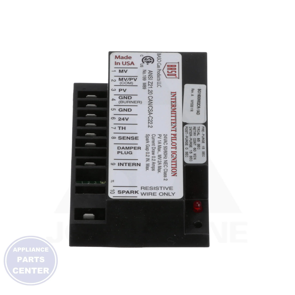 Universal Intermittent Pilot Ignition Control C661PGA-1CJ - Detailed view of 1A pilot and 2A main support