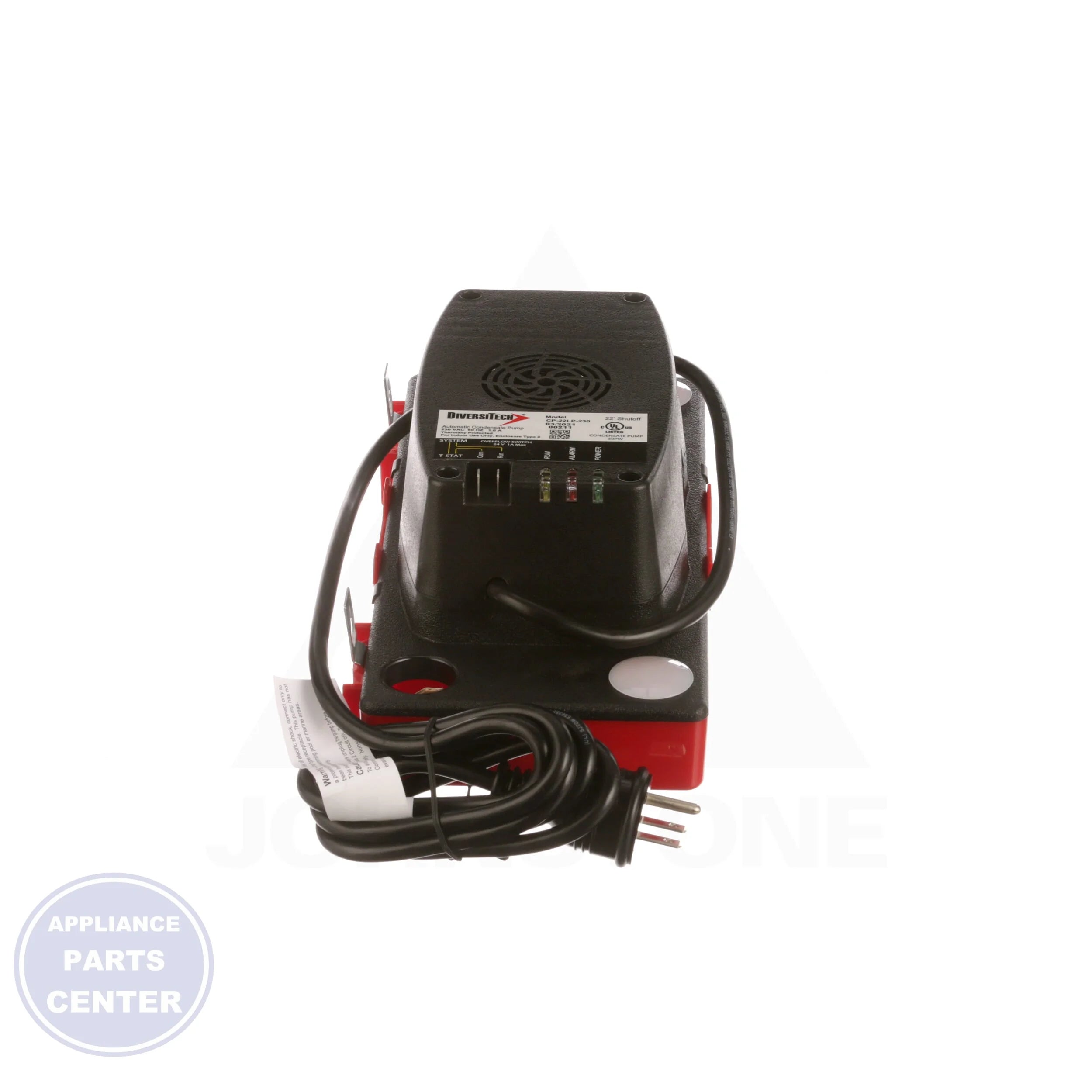 Low Profile Condensate Pump CP-22LP-230 - Detailed view of 230V input and 22' vertical pumping capability