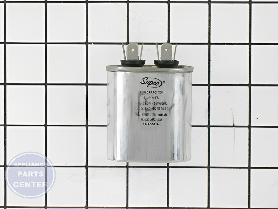 SUPCO 5 MFD 440V OVAL CAPACITOR CR5X440 - Side view with 440V capacity