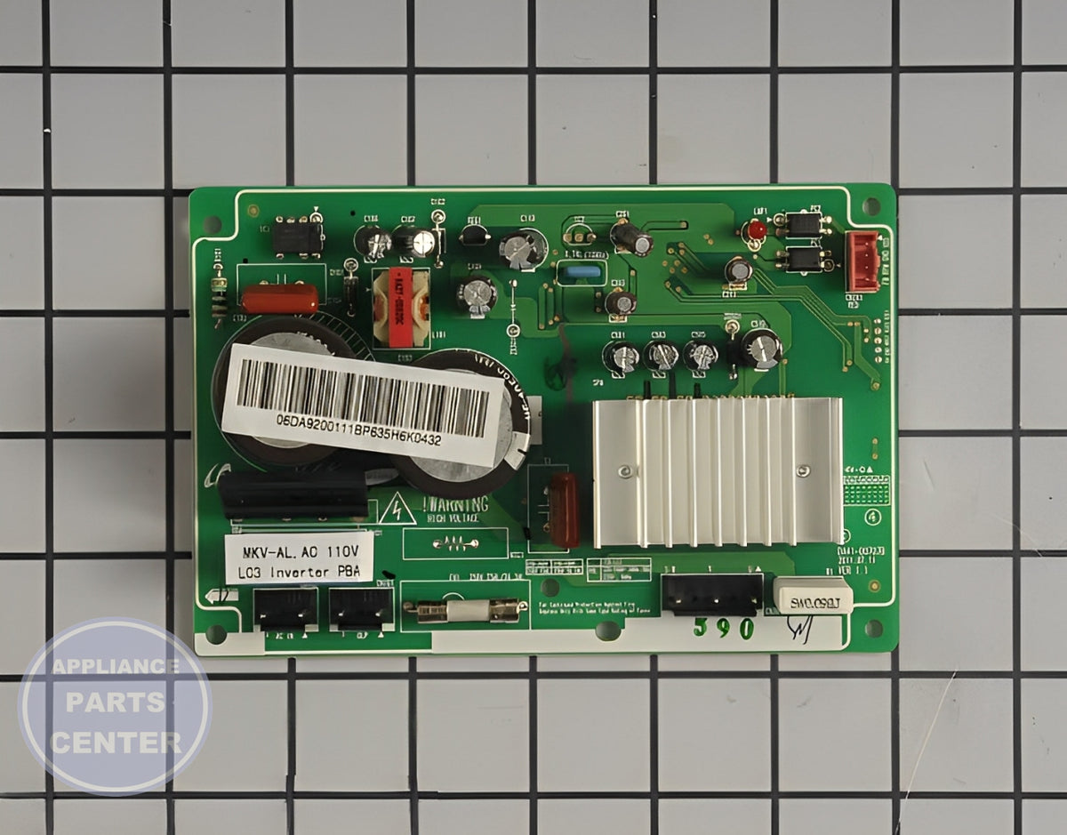 Samsung Refrigerator Inverter PCB Assembly DA92-00111B - Main view showing energy-saving features for RF28HMEDBSR models