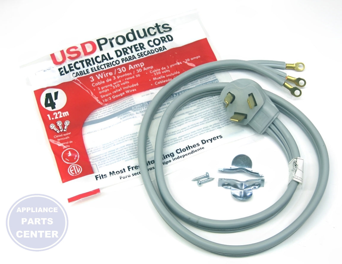 USD PRODUCTS DRYER CORD 4' 3 WIRE 30 AMP - Detailed view of durable 30 amp capacity