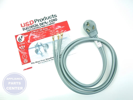 [Brand] USD 6' 3 WIRE DRYER CORD 30 AMP DC3-30-6 - Main view showing length for [specific models]