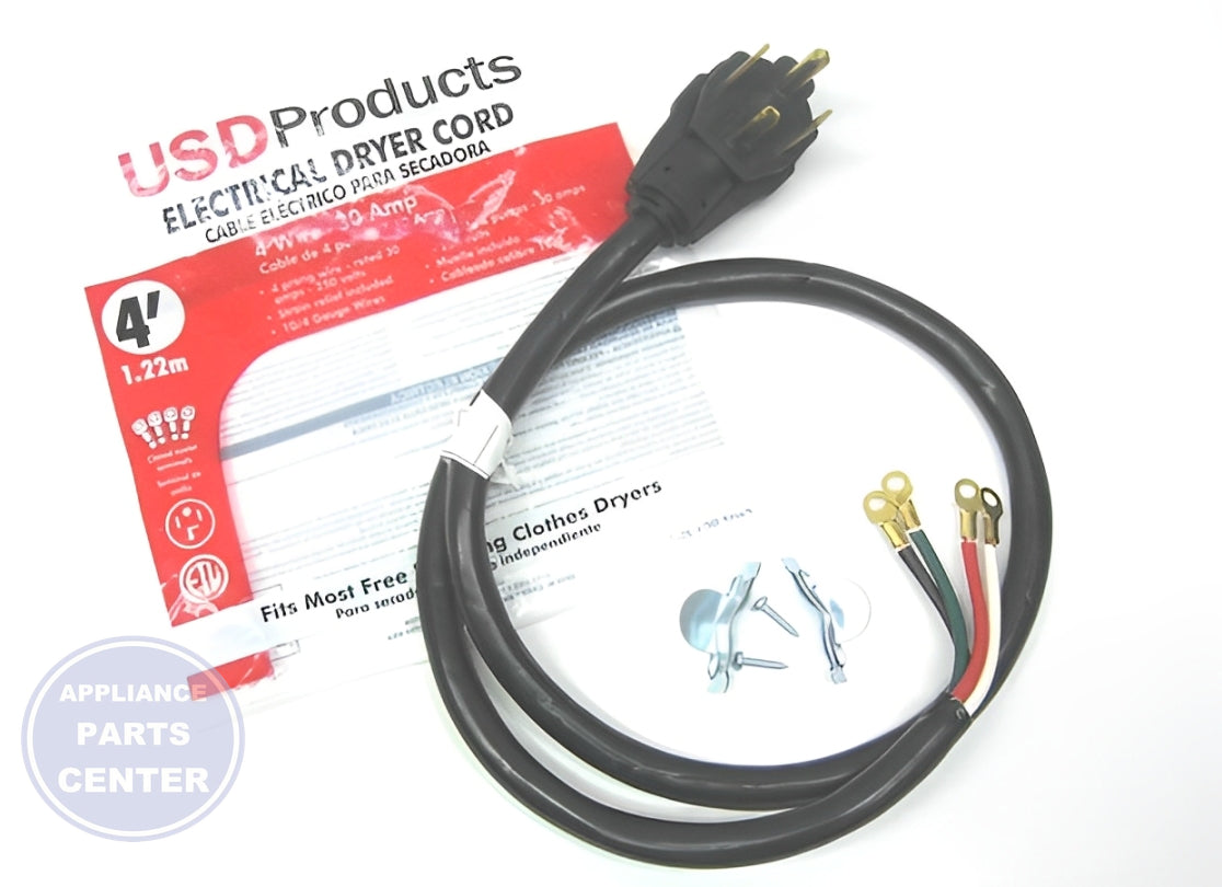 USD PRODUCTS DRYER CORD 30 AMP 6' 4 WIRE - Installation in top dryer models showing key mounting points
