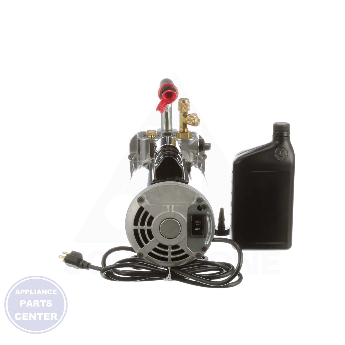 Platinum Dual Voltage Spark-Proof Vacuum Pump DV-200N-250SP - Side view with 22 Oz. oil capacity and Male Flare connection