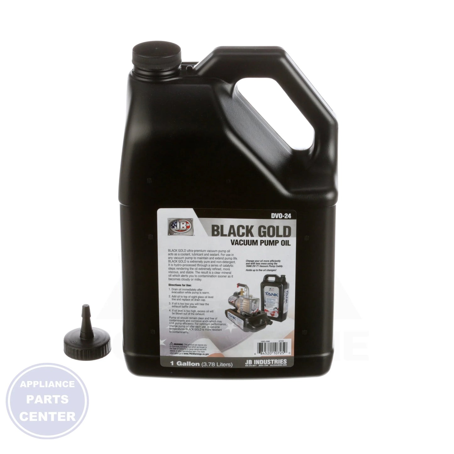 Black Gold Vacuum Pump Oil DVO-24-BX - Side view with gallon capacity