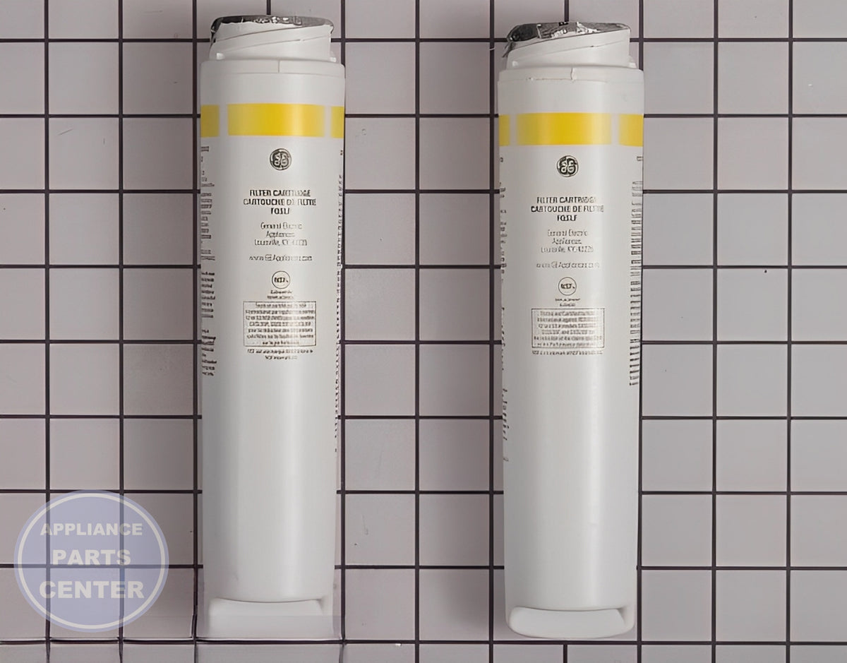 GE REFRIGERATOR REPLACEMENT DUAL FLOW DRINKING WATER FILTERS FQK2J - Main view showing dual flow design for various GE refrigerator models