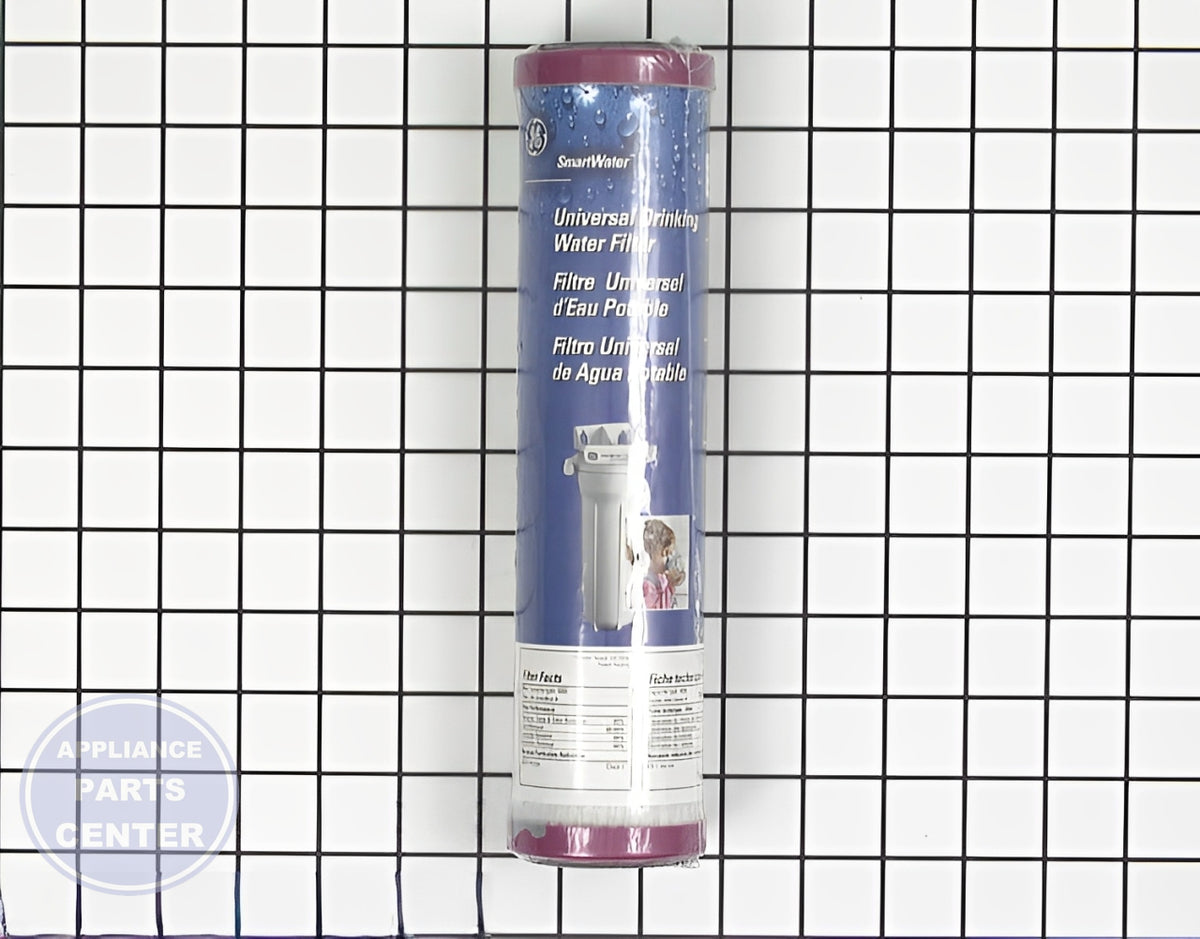 GE 14" UNIVERSAL HOUSEHOLD UNDER SINK WATER FILTER - Main view showing easy installation for GE models