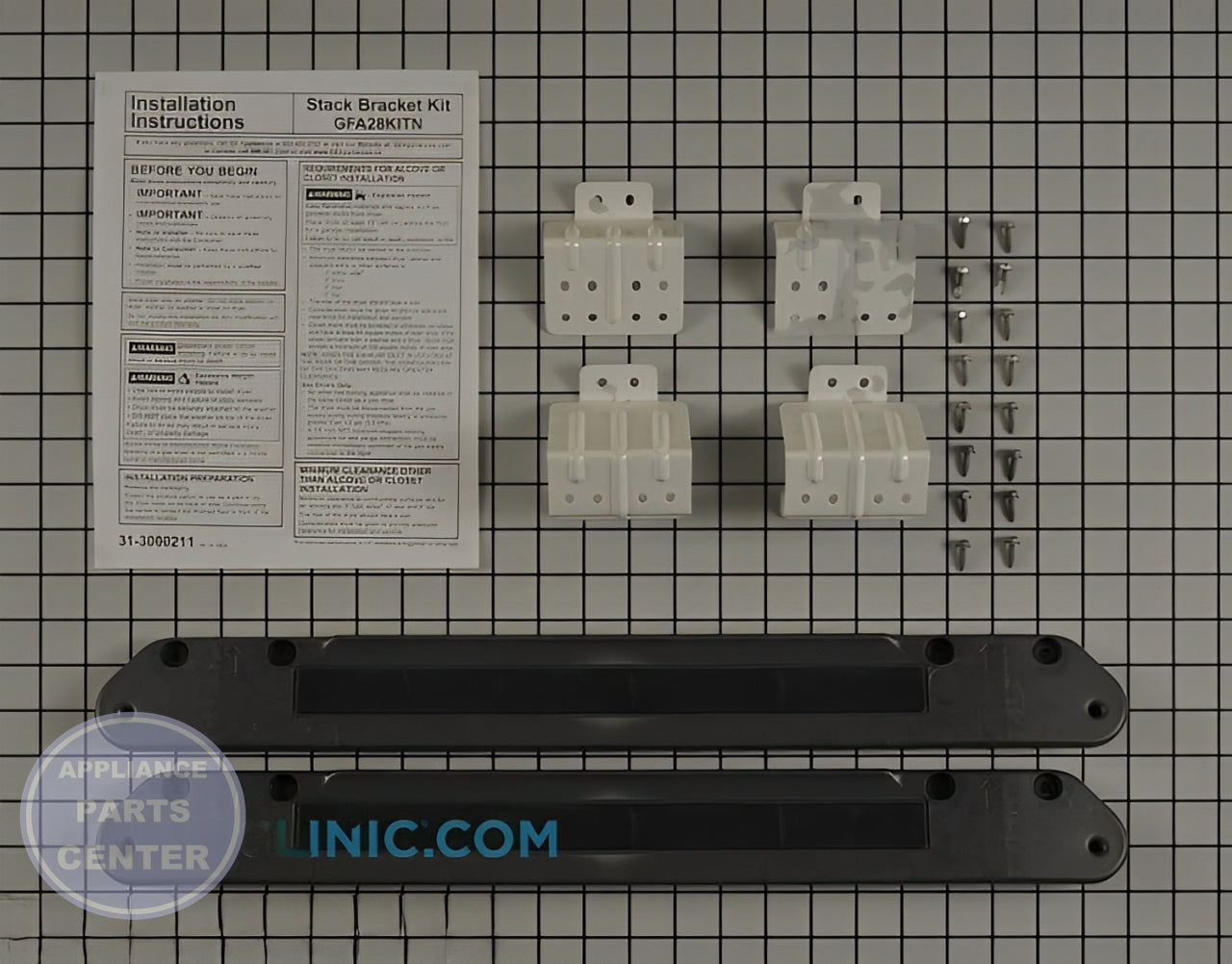 GE WASHER DRYER STACK KIT GFA28KITN - Main view showing sturdy bracket and flange for GE models