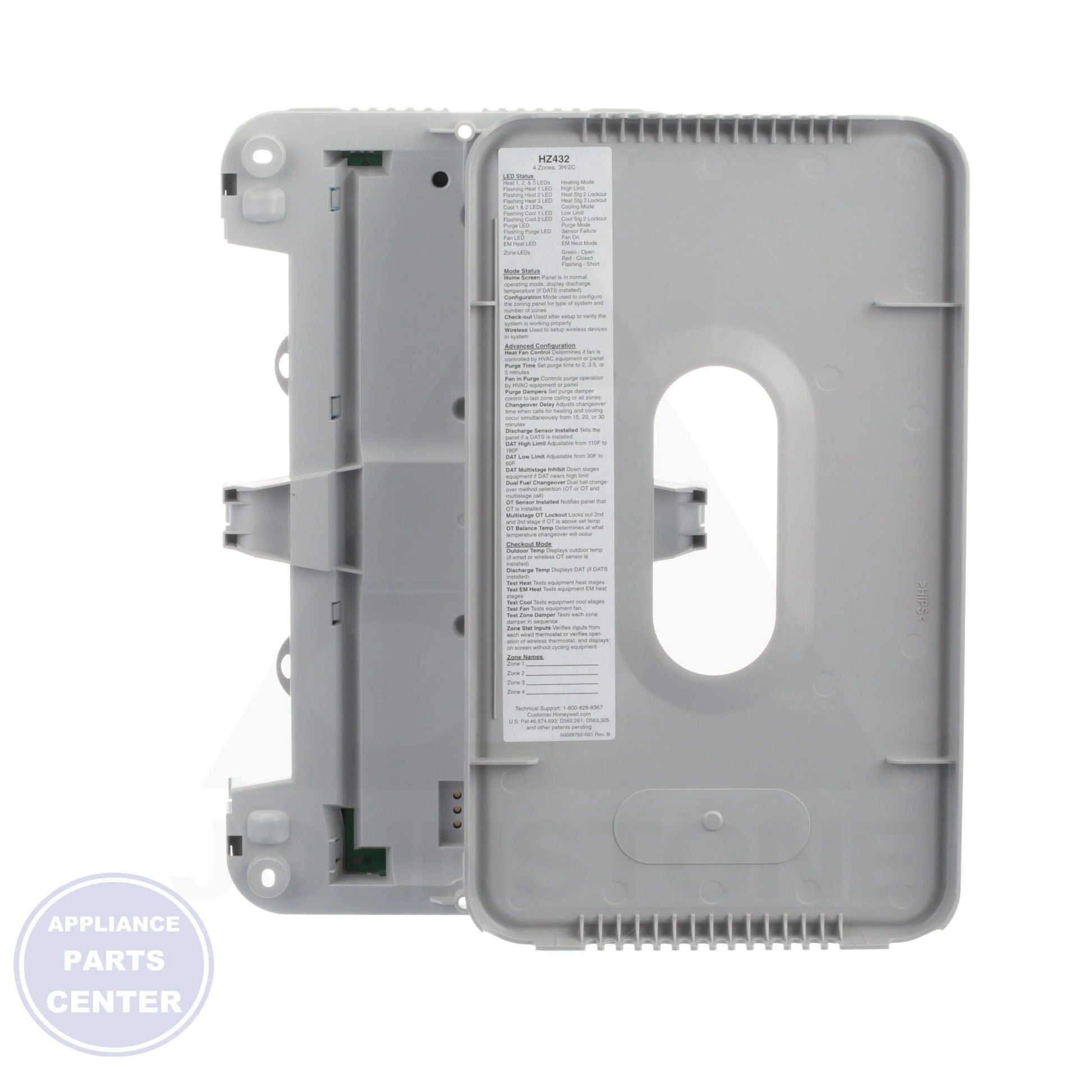 HZ432 Panel - Side view with 4-zone capacity and dual-fuel operation specs