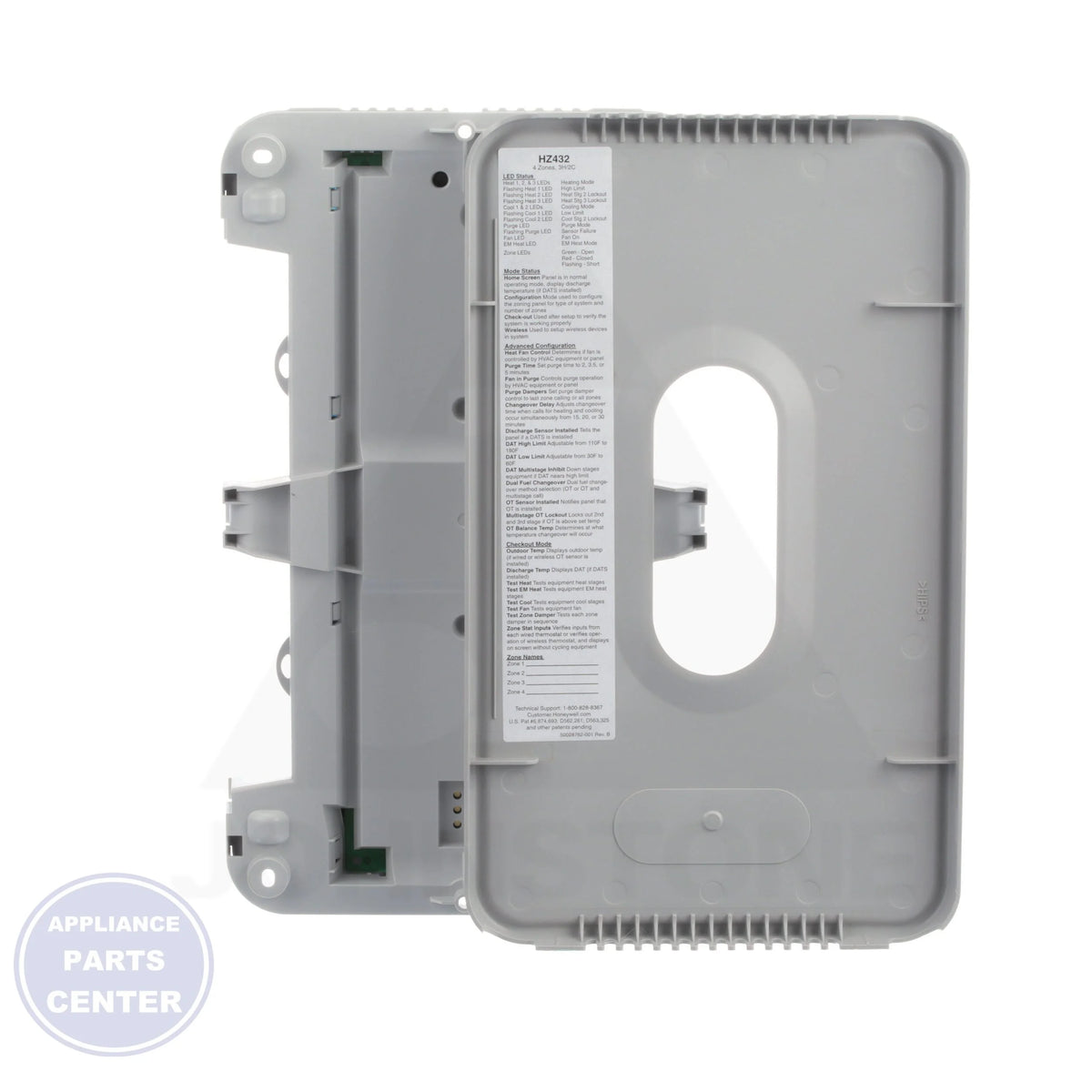 HZ432 Panel - Side view with 4-zone capacity and dual-fuel operation specs