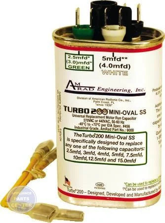 Turbo™ 200 Mini Oval Universal Replacement Capacitor M12500 - Main view showing compact design for multiple appliance models